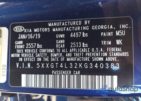 2019 Kia Optima Lx z USA, uszkodzony, nr VIN 5XXGT4L32KG340383